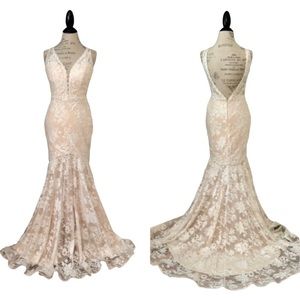 JVN by JOVANI - Ivory Nude Illusion Lace Beaded Formal Evening/ Wedding Gown - 4